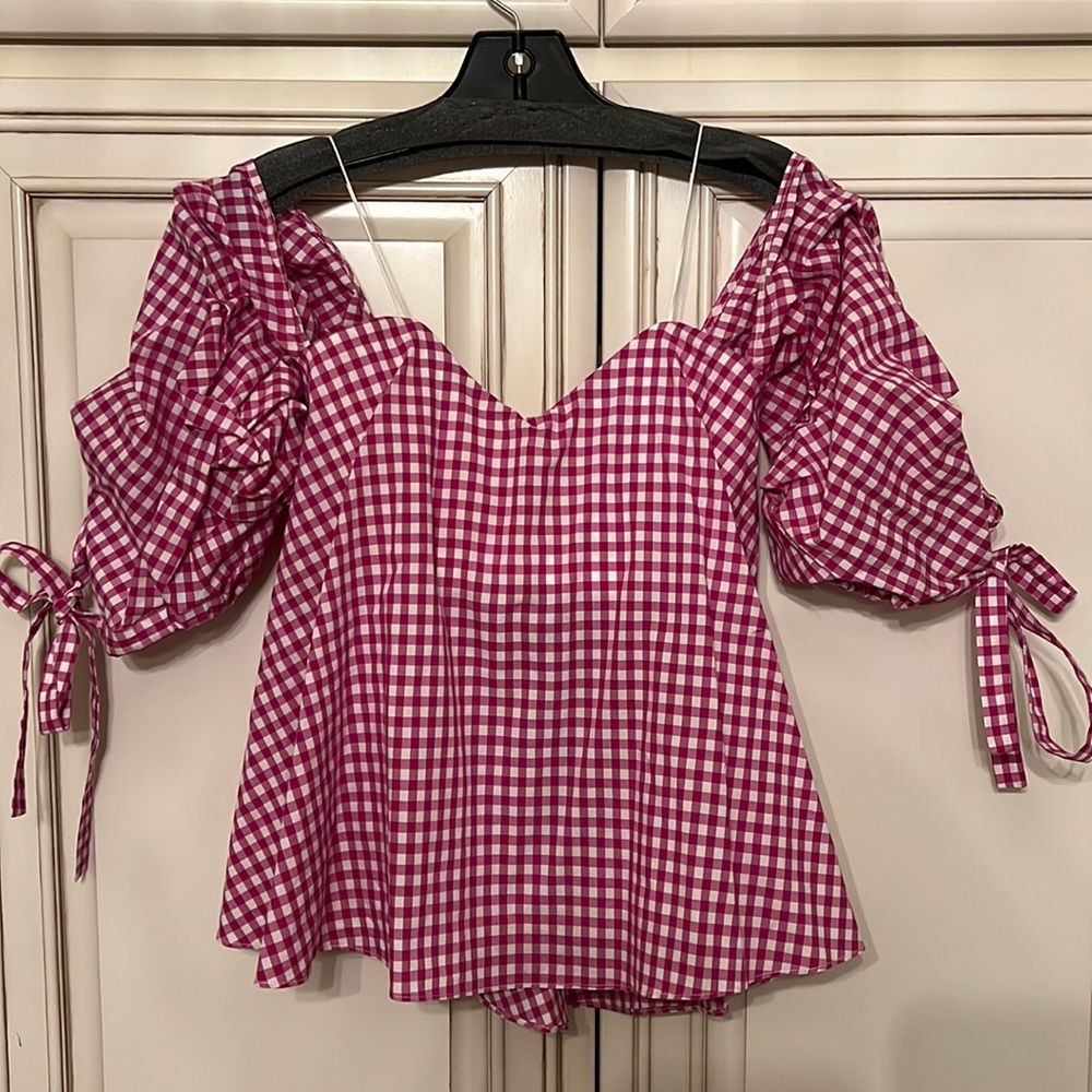 Caroline Constas Corset Bustier in Pink Check Off shoulder Top with bow sleeves